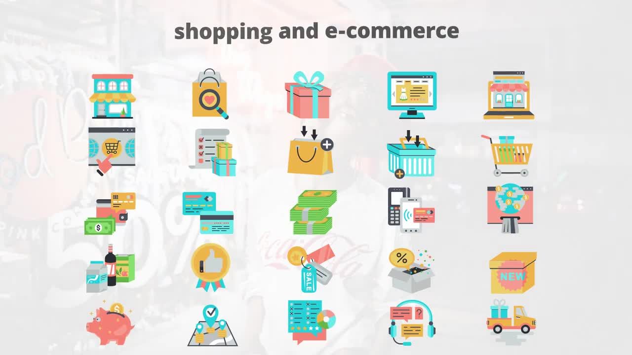 购物和电子商务平面动画图标AE模板